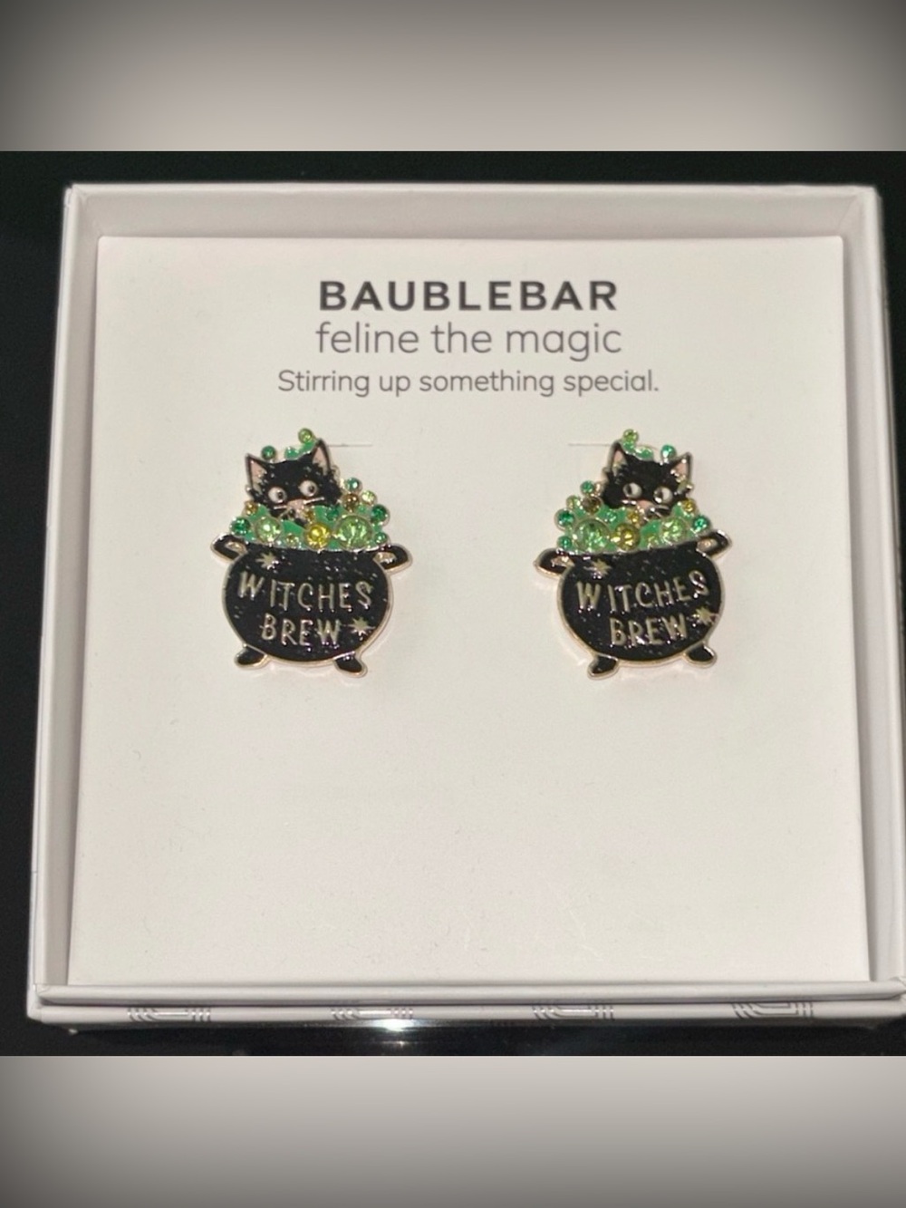 BaubleBar Black & Green 'Witches Brew' Cat Cauldron Stud Earrings NEW